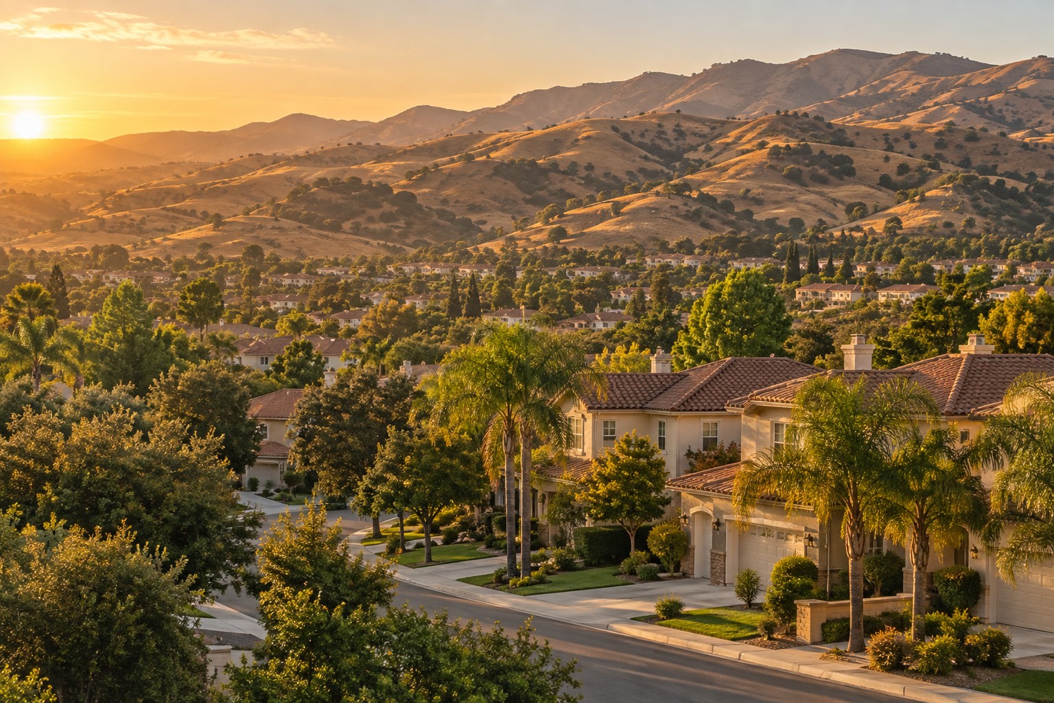 A Santa Clarita Valley suburban neighborhood at golden hour, illustrative