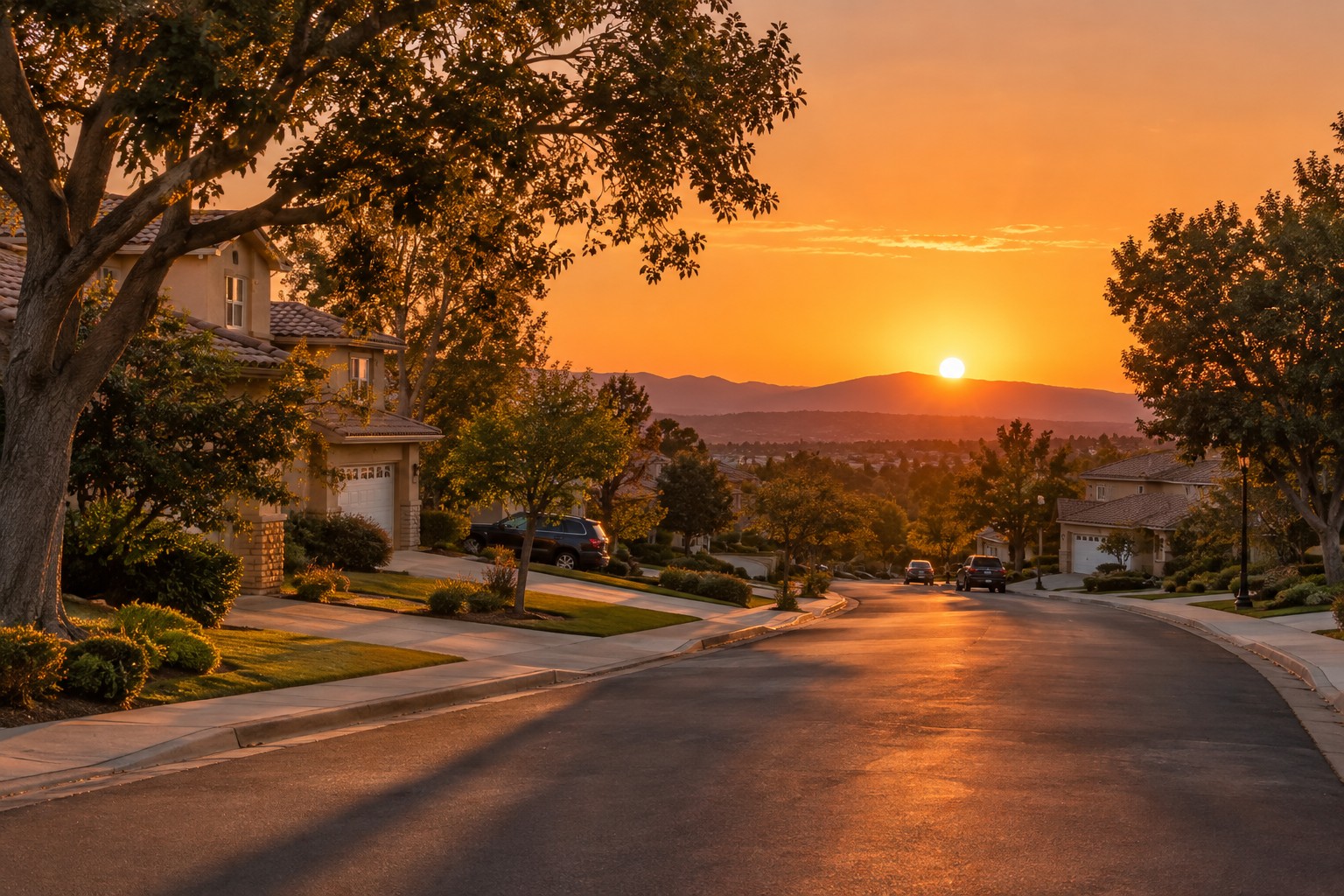 A Santa Clarita Valley street at sunset, illustrative