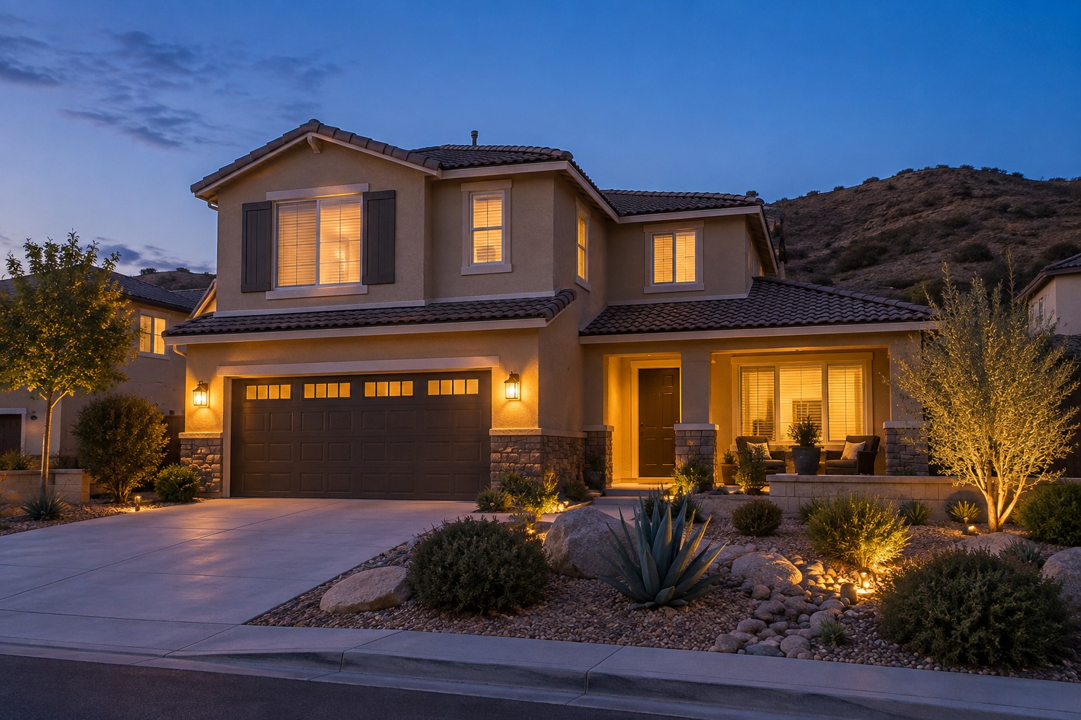 A Santa Clarita Valley home exterior at dusk, illustrative
