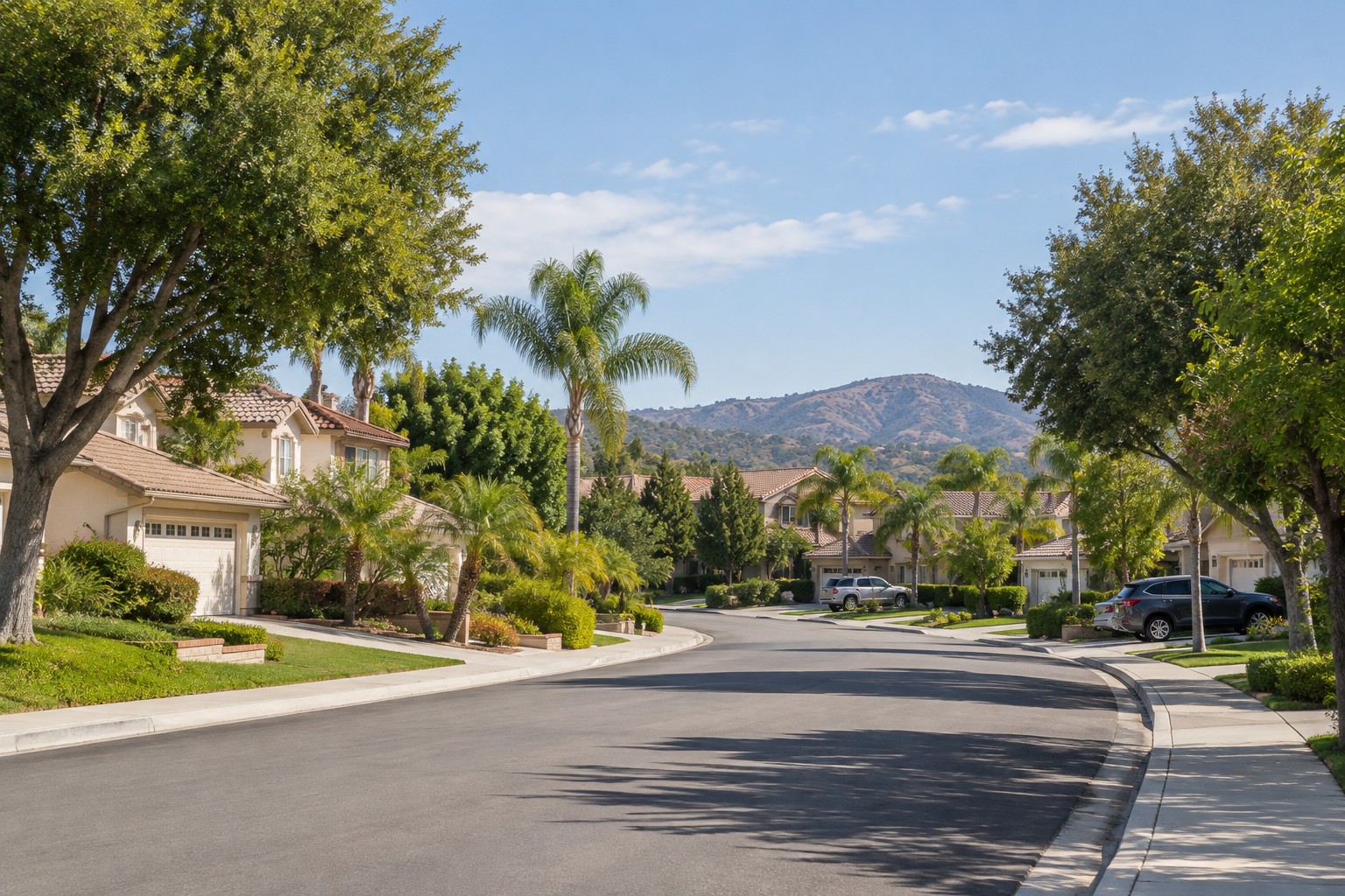 A quiet Santa Clarita Valley residential street, illustrative