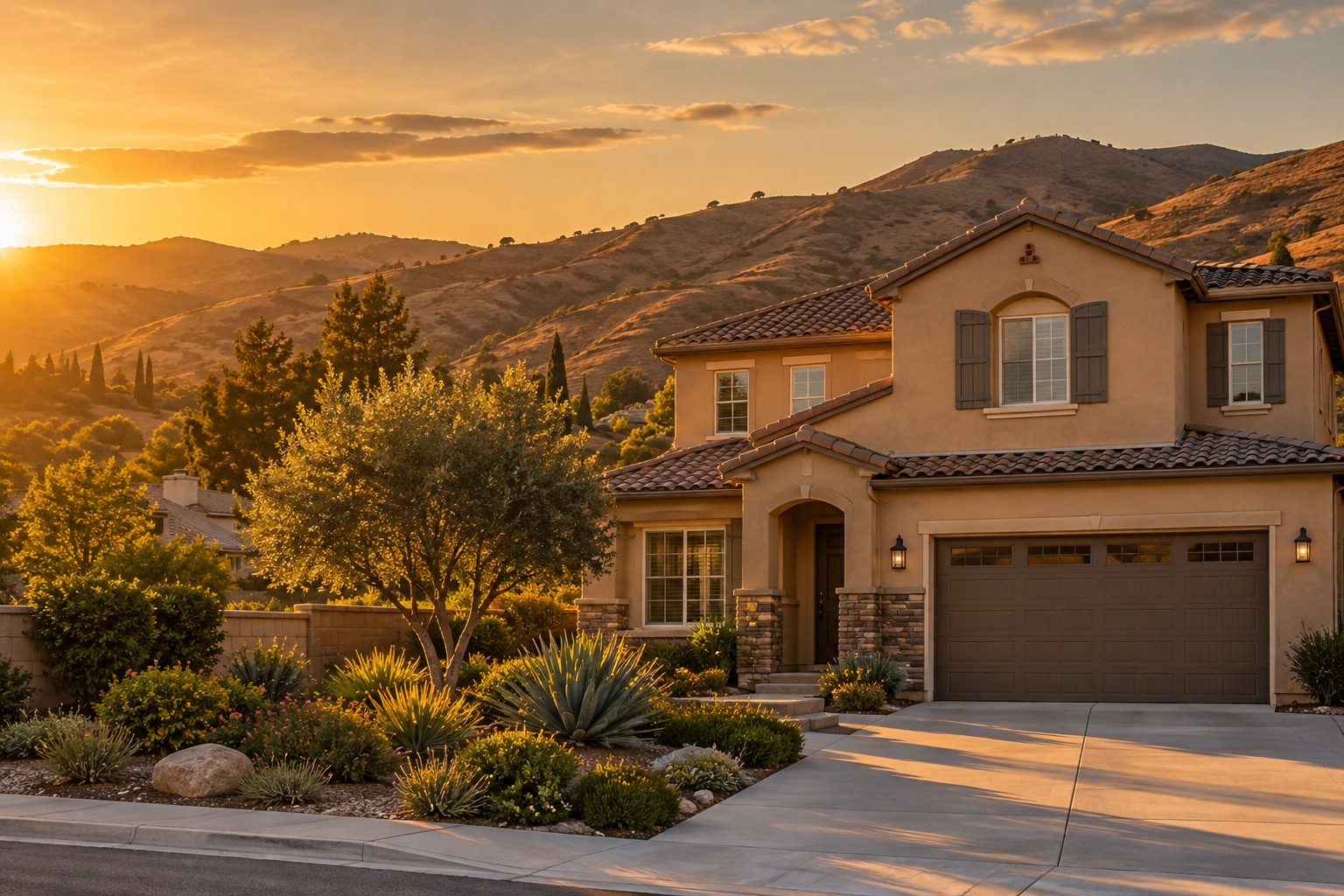A Santa Clarita Valley home exterior at golden hour, illustrative